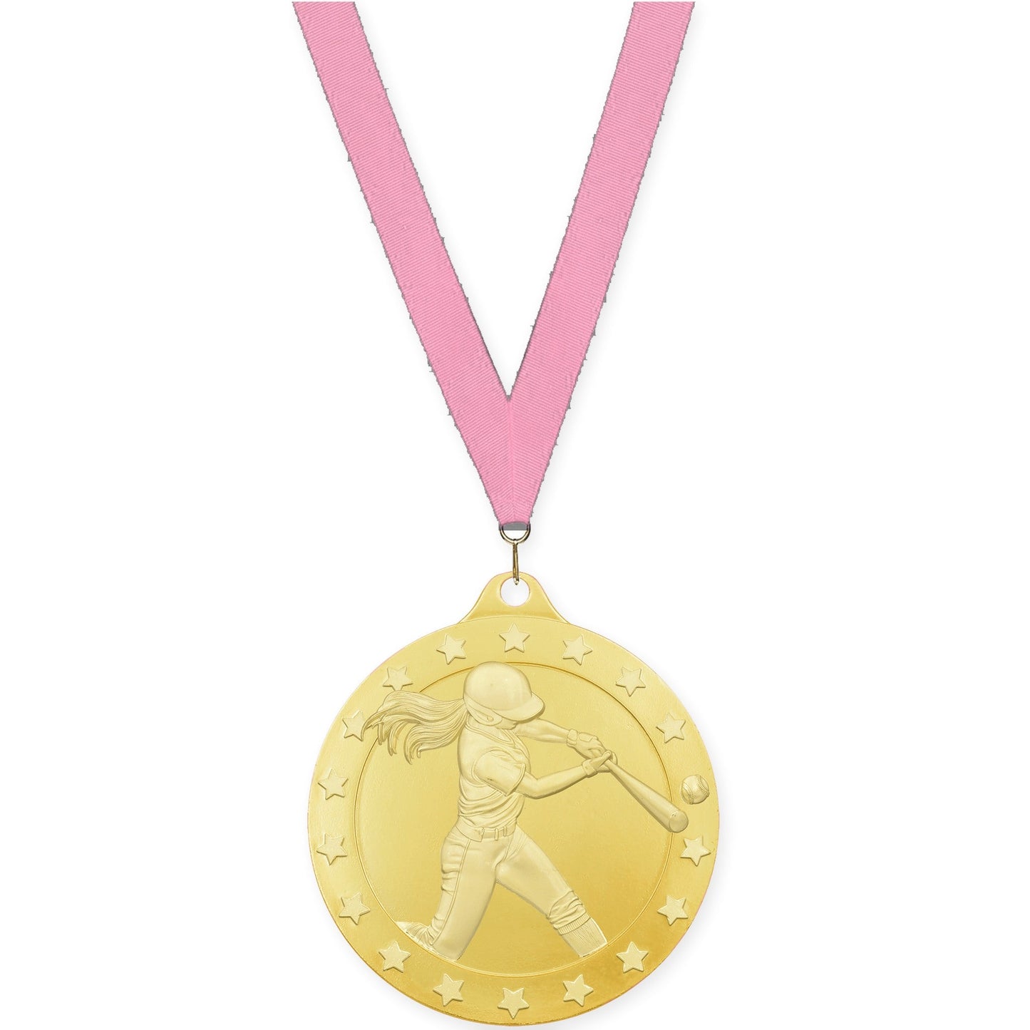 2 3/4 inch softball Radiance medal in gold with Pink neck ribbon
