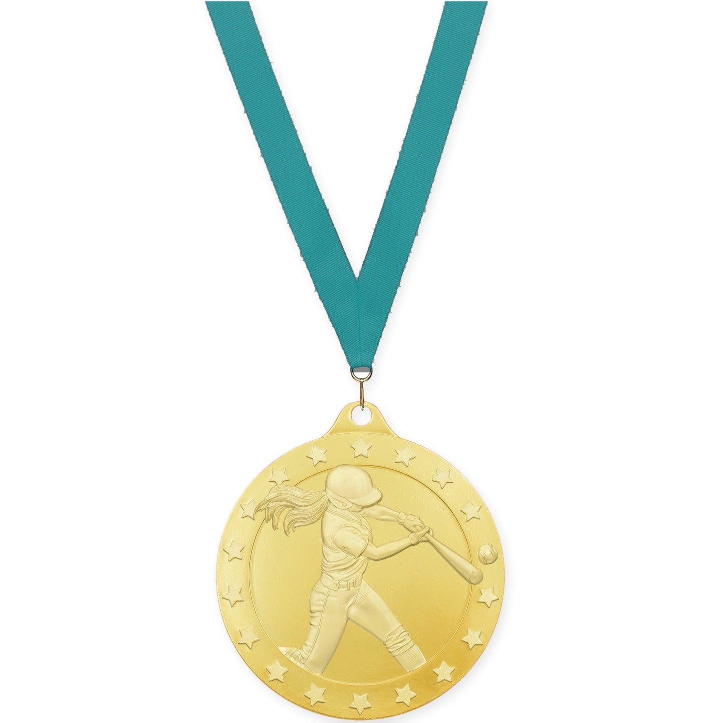 2 3/4 inch softball Radiance medal in gold with Teal neck ribbon