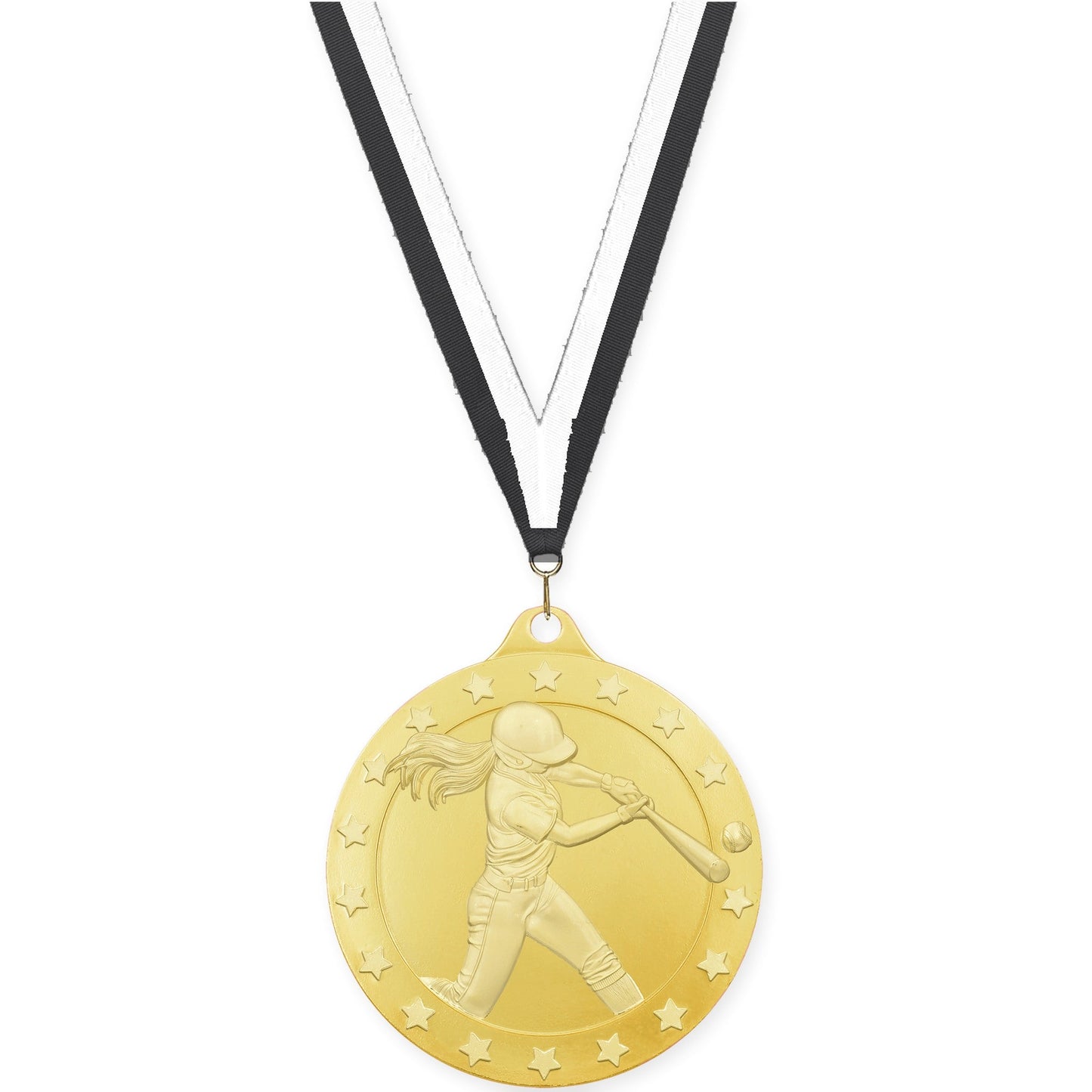 2 3/4 inch softball Radiance medal in gold with Black White neck ribbon