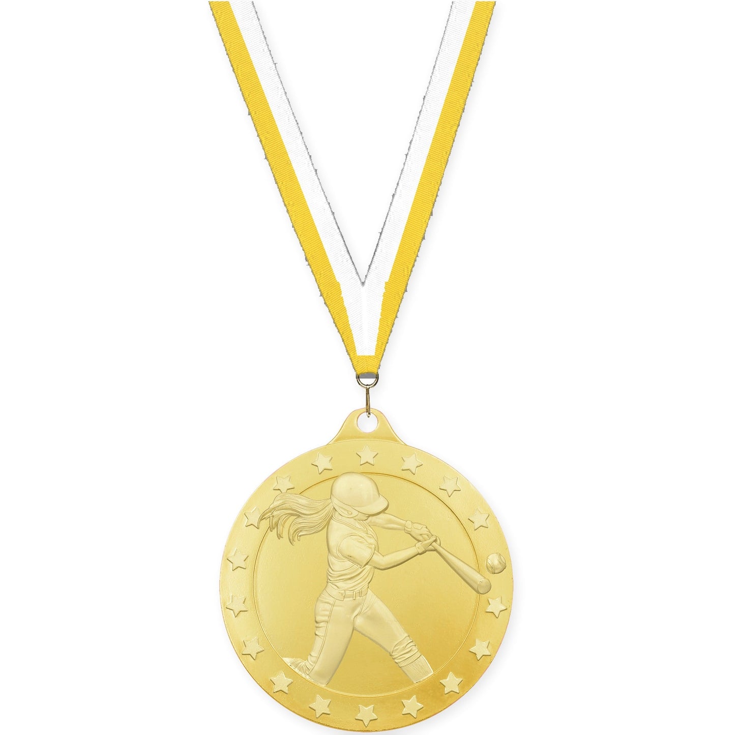 2 3/4 inch softball Radiance medal in gold with Yellow White neck ribbon