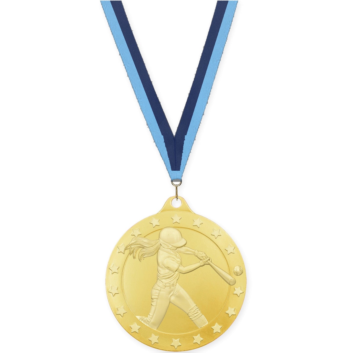 2 3/4 inch softball Radiance medal in gold with Light Blue Navy neck ribbon