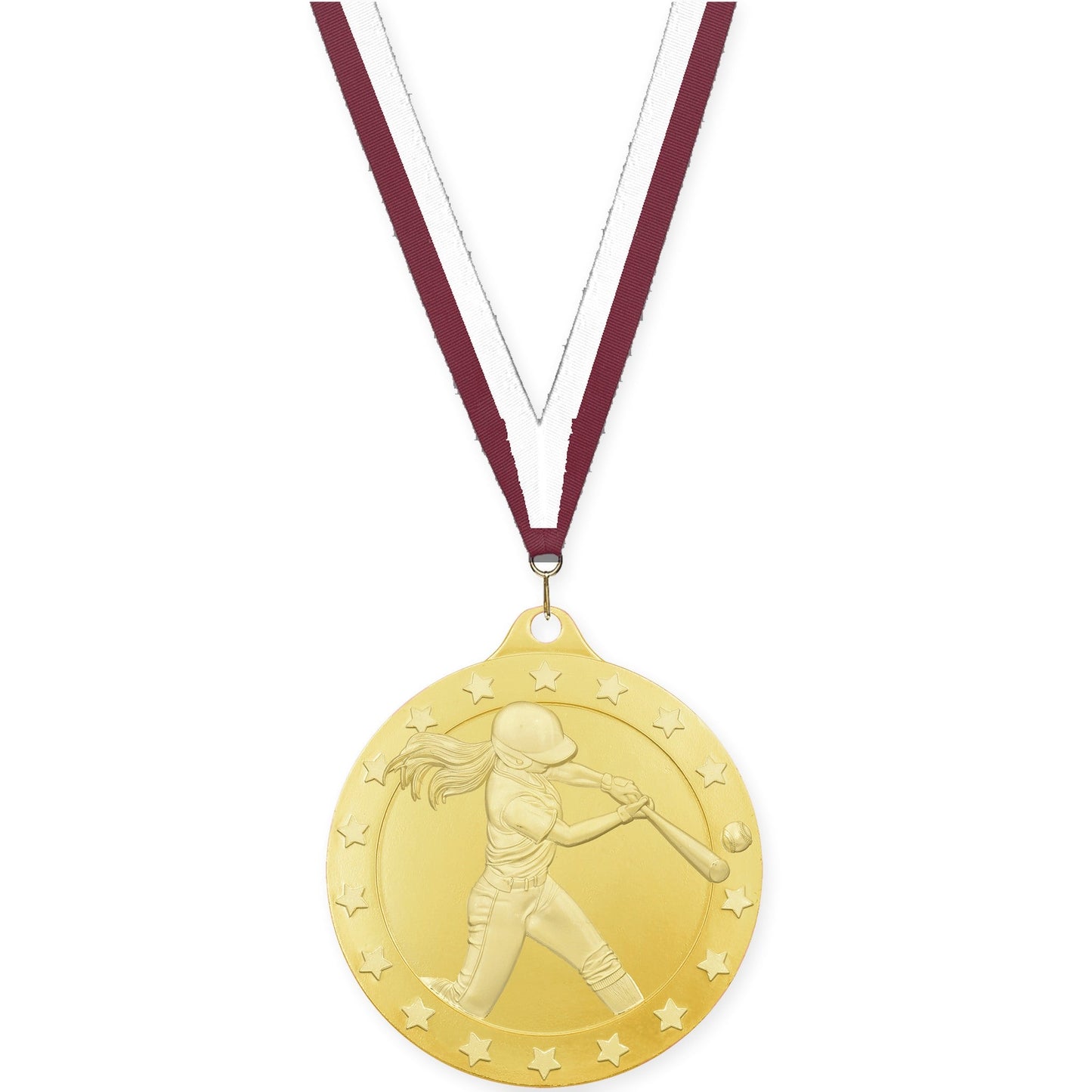 2 3/4 inch softball Radiance medal in gold with Maroon White neck ribbon