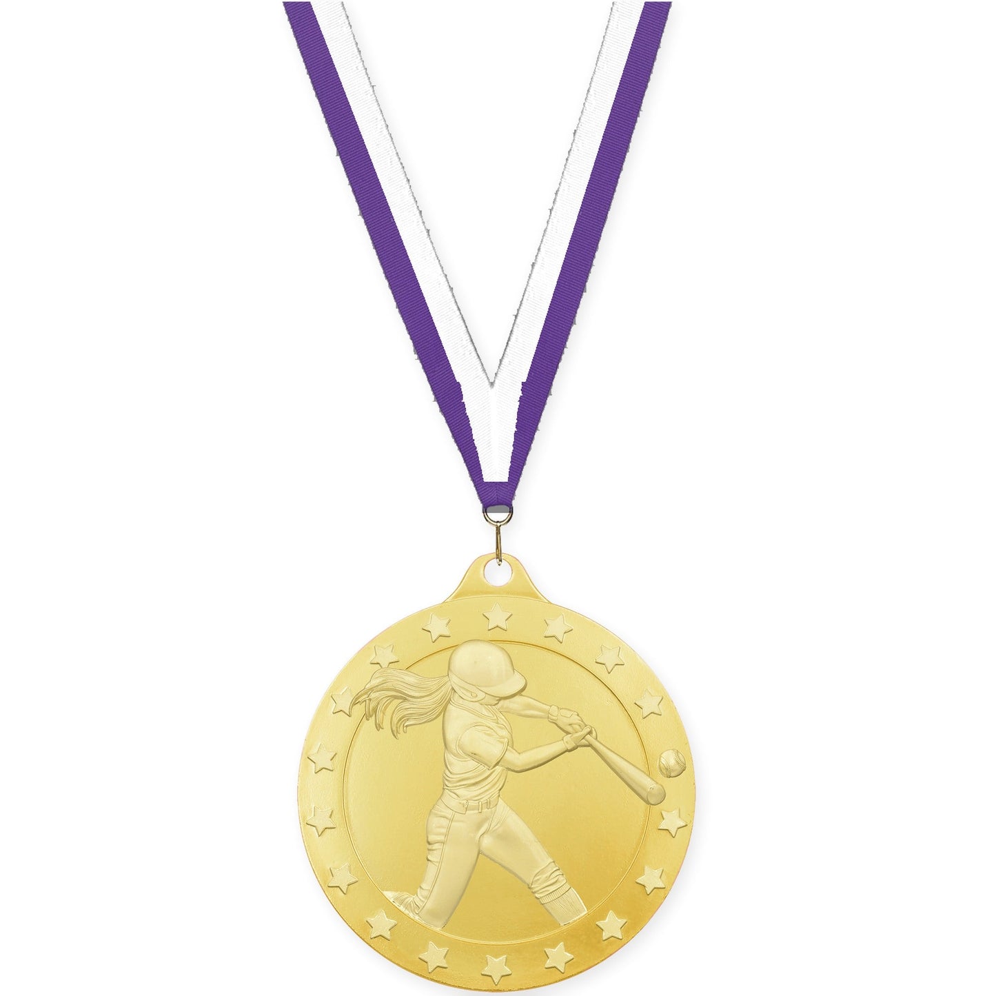 2 3/4 inch softball Radiance medal in gold with Purple White neck ribbon