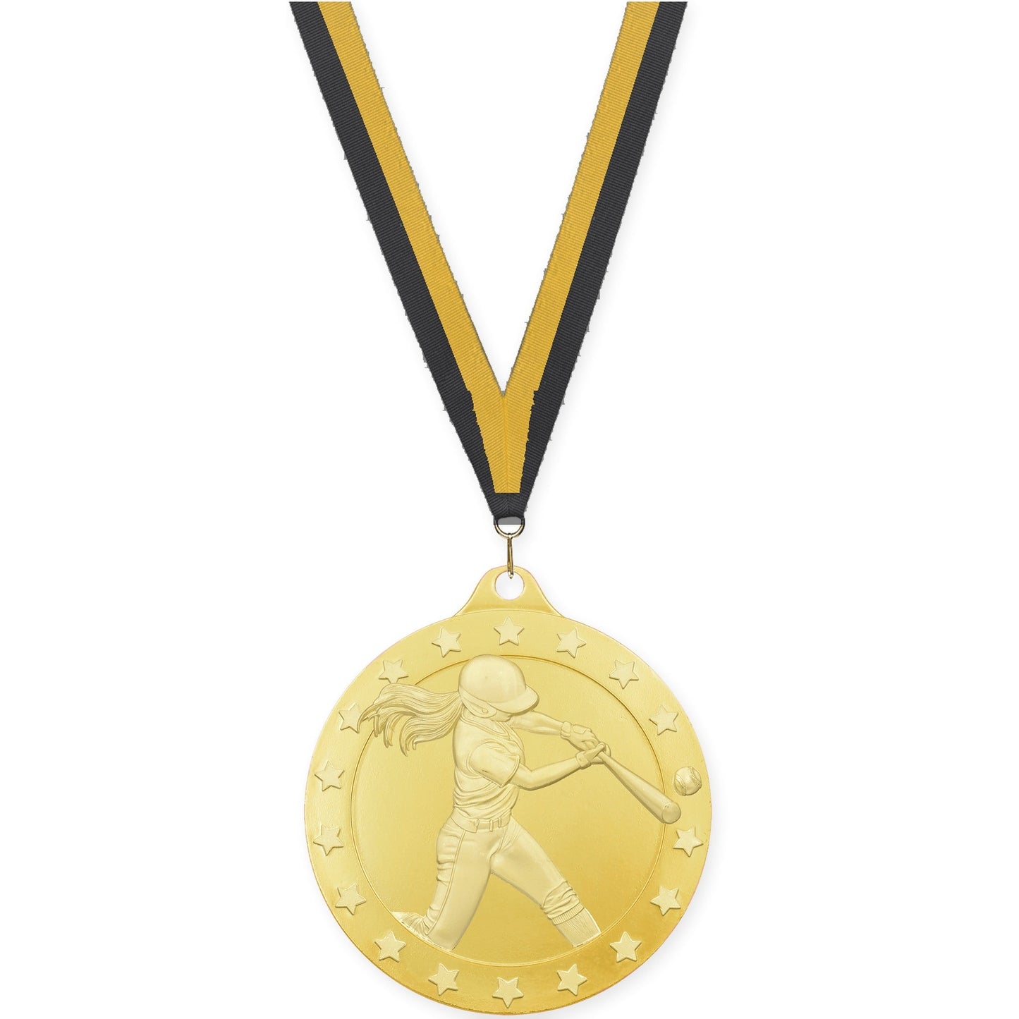 2 3/4 inch softball Radiance medal in gold with Black Gold neck ribbon