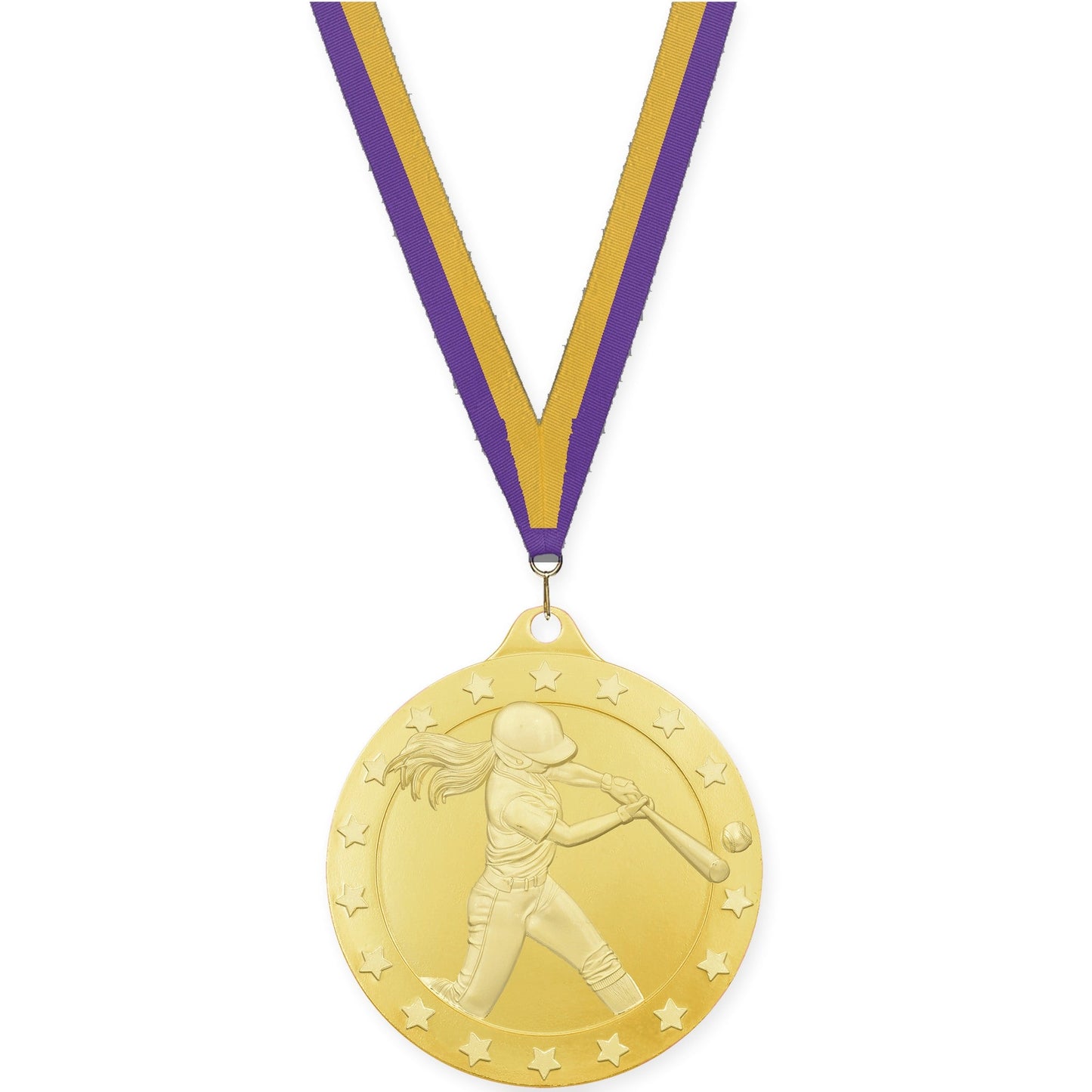 2 3/4 inch softball Radiance medal in gold with Purple Gold neck ribbon
