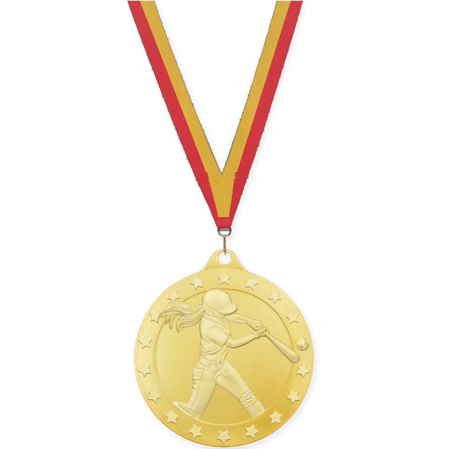 2 3/4 inch softball Radiance medal in gold with Red Gold neck ribbon