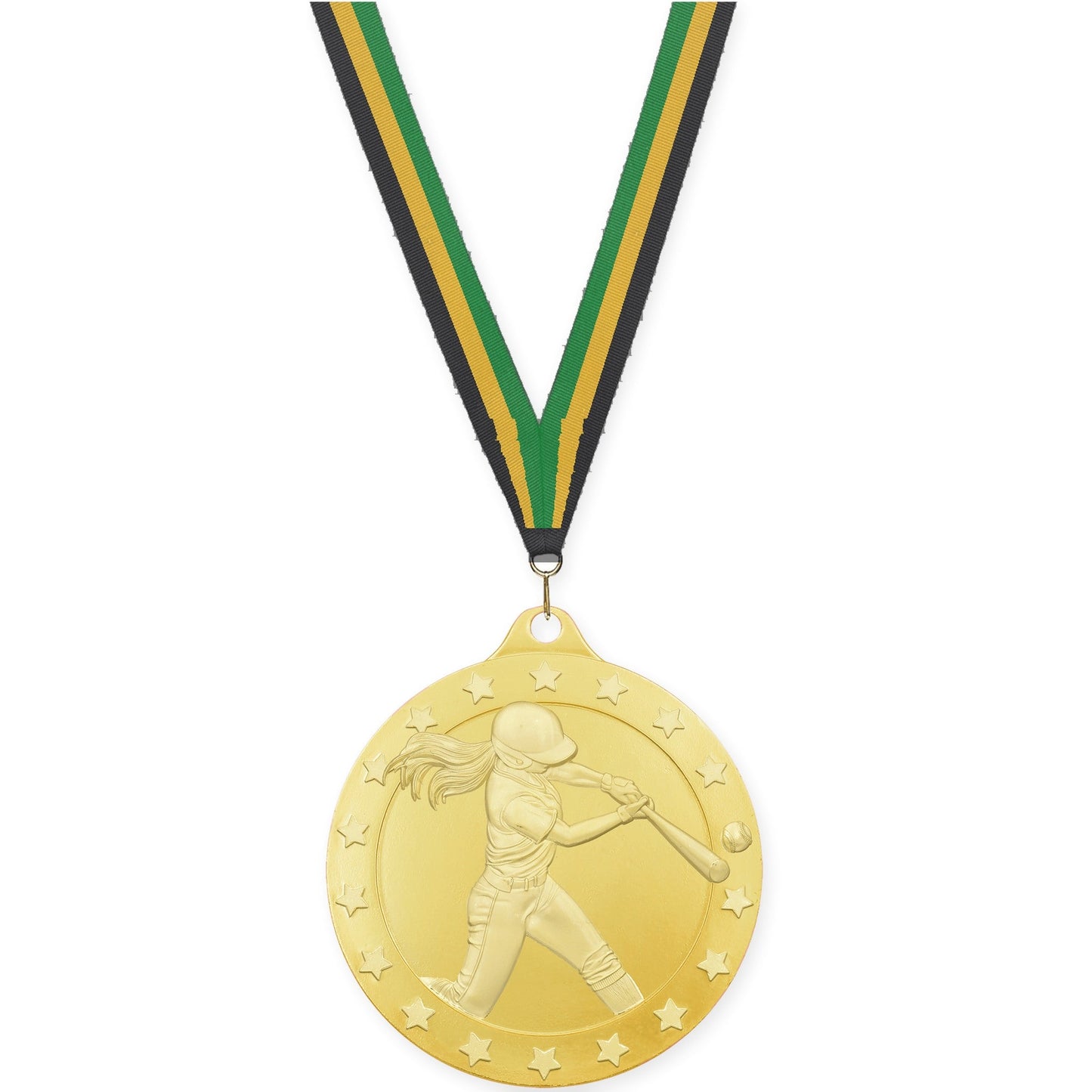 2 3/4 inch softball Radiance medal in gold with Black Gold Green neck ribbon