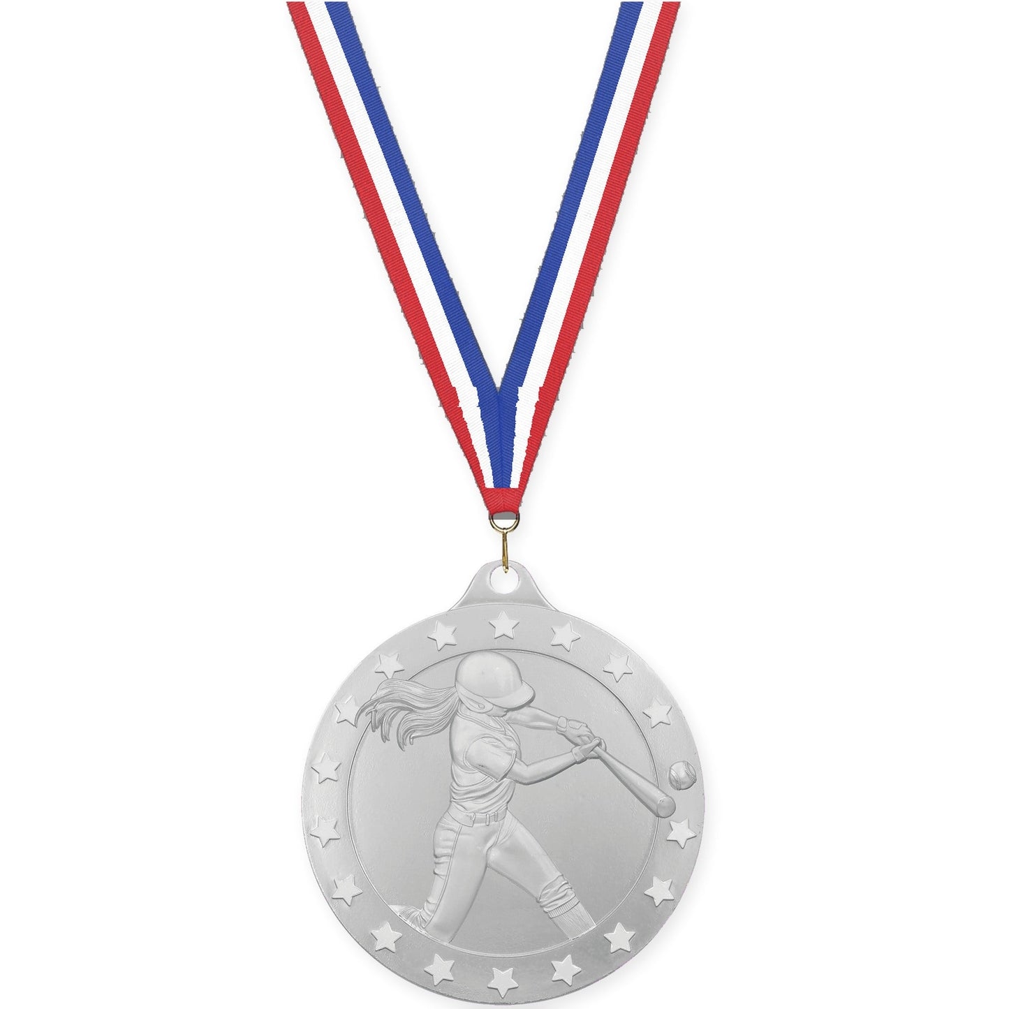 2 3/4 inch softball Radiance medal in silver with Red White Blue neck ribbon