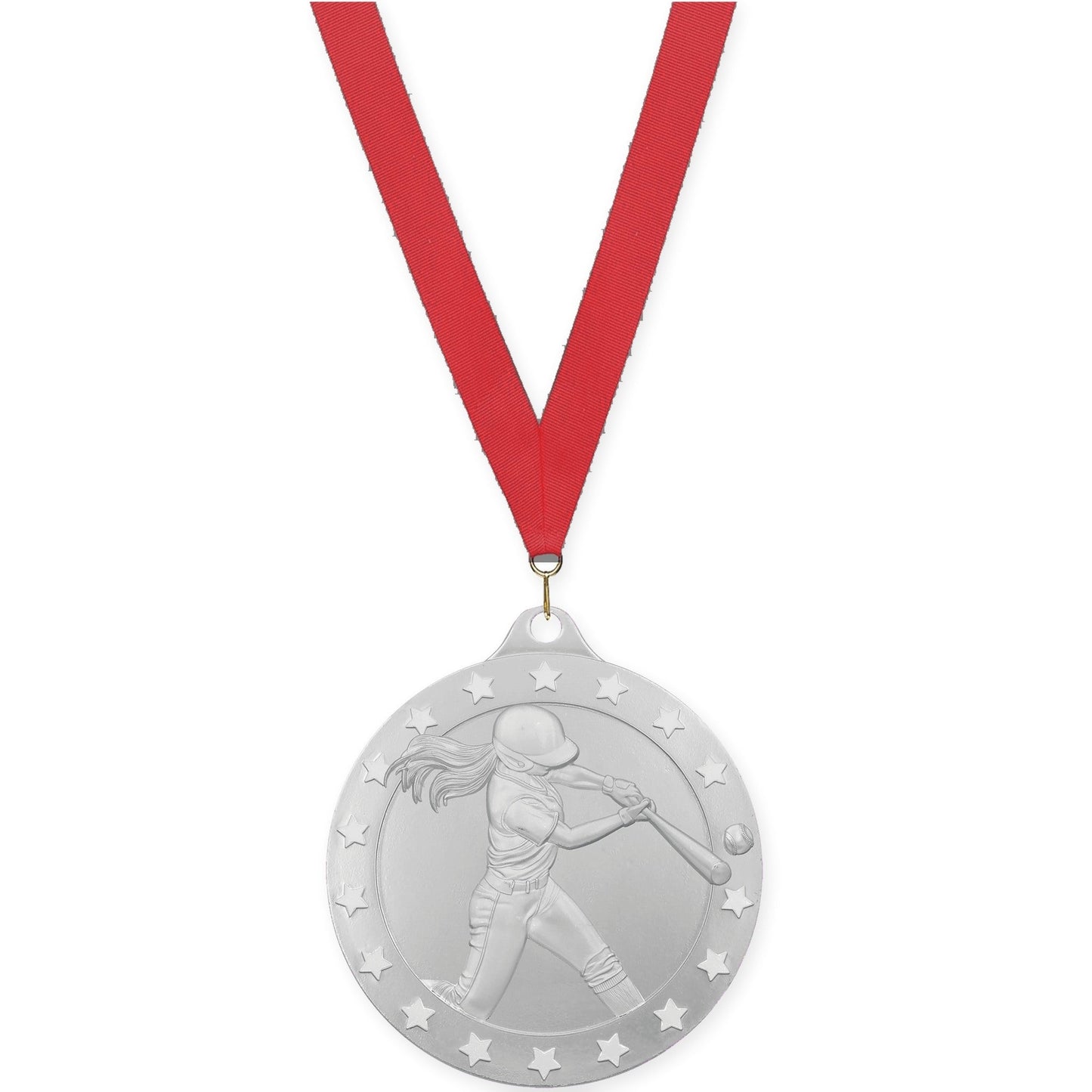 2 3/4 inch softball Radiance medal in silver with Red neck ribbon