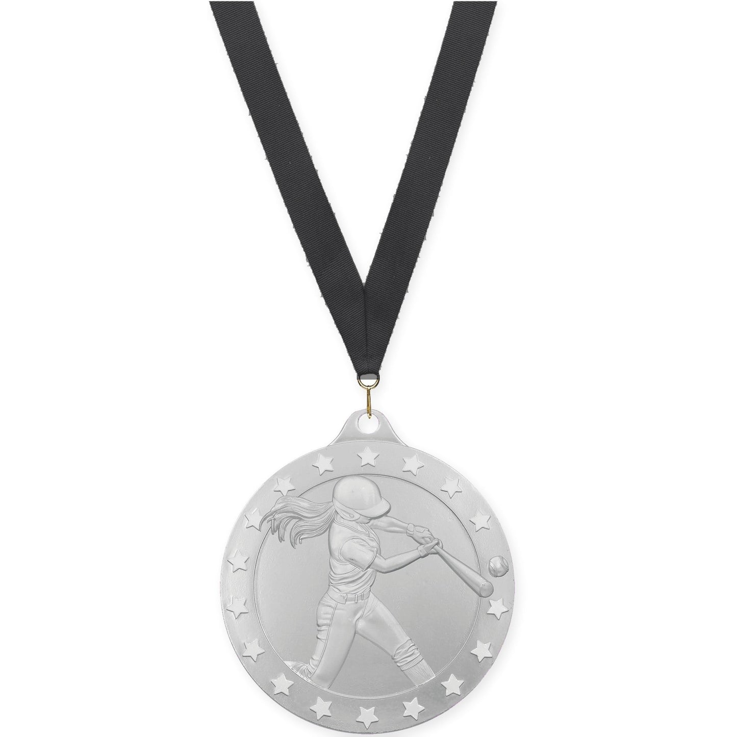 2 3/4 inch softball Radiance medal in silver with Black neck ribbon