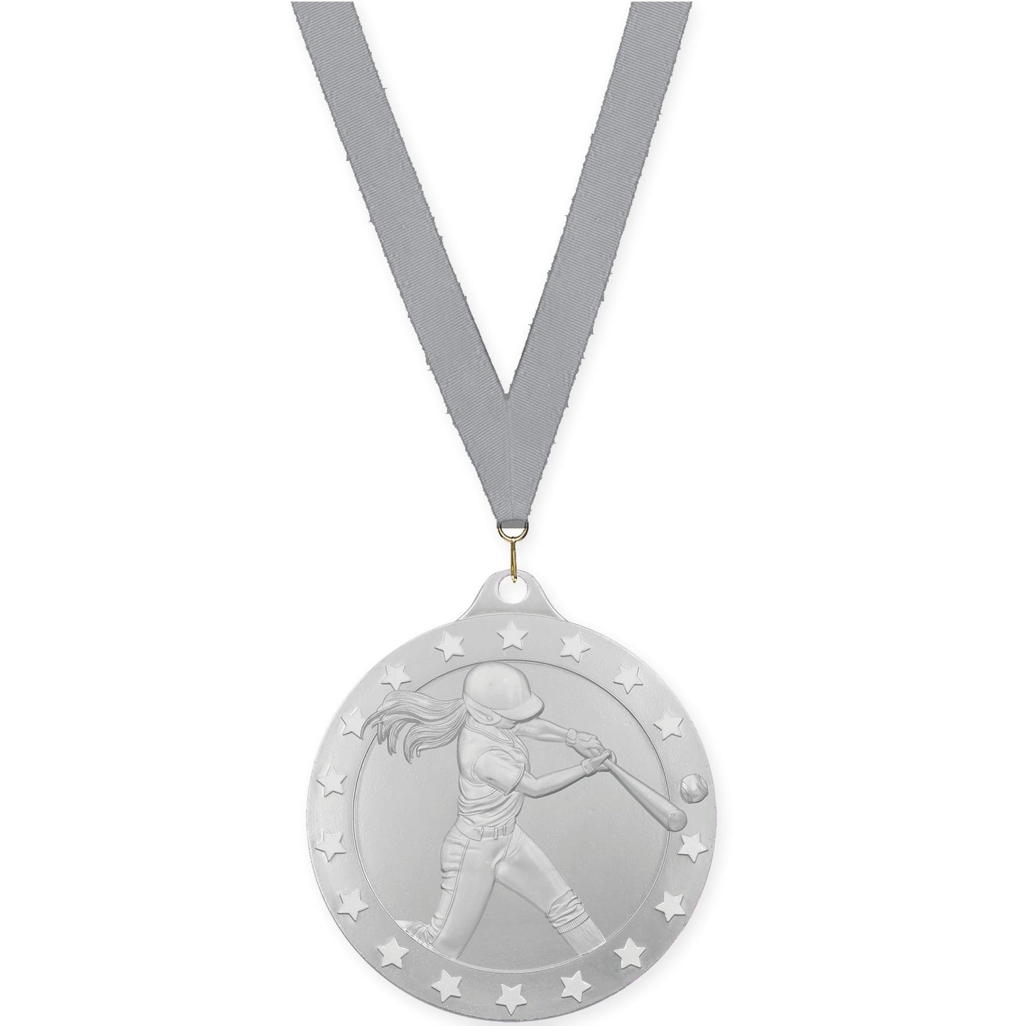 2 3/4 inch softball Radiance medal in silver with Gray neck ribbon