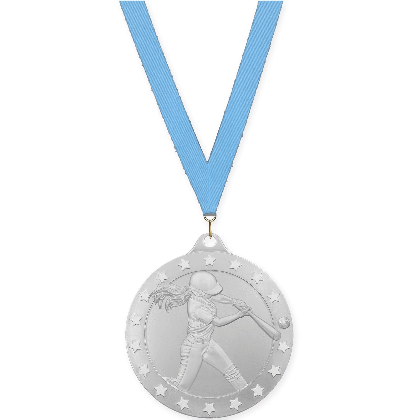 2 3/4 inch softball Radiance medal in silver with Light Blue neck ribbon