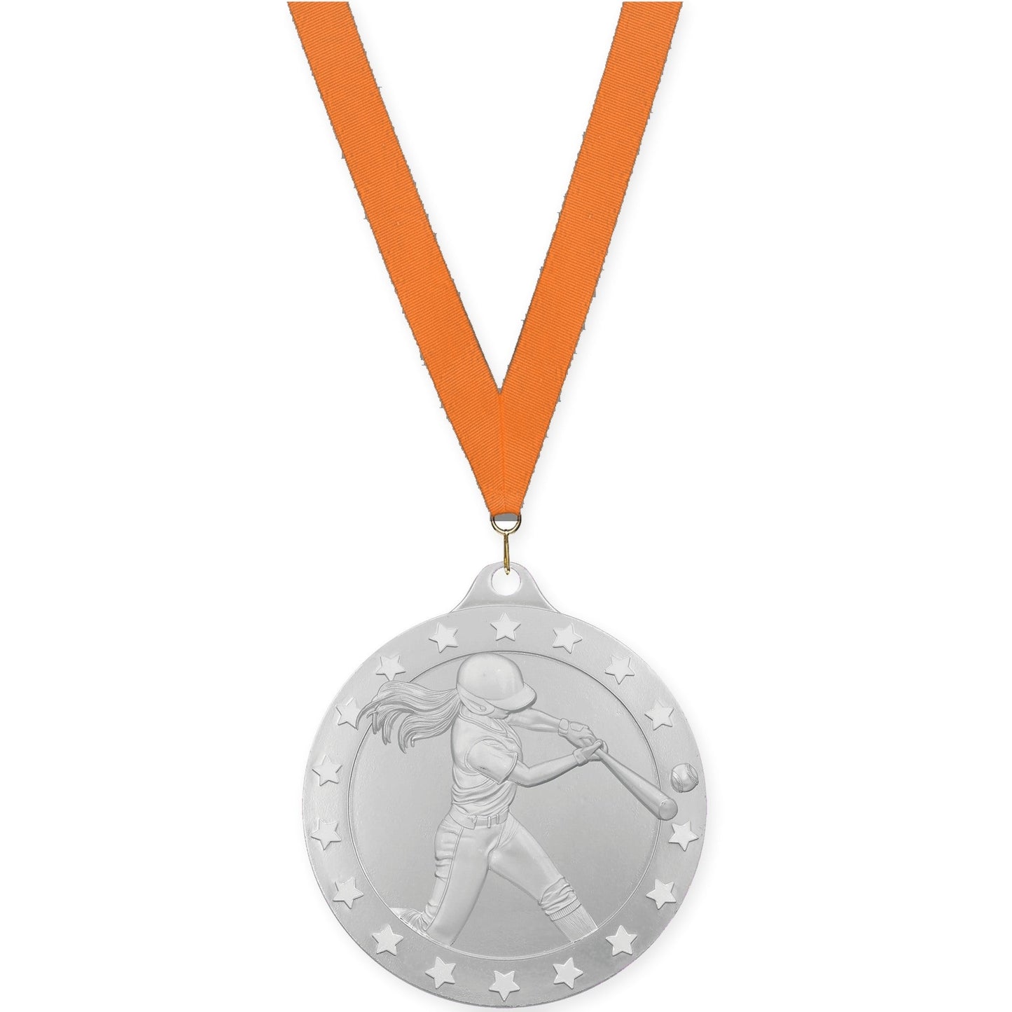 2 3/4 inch softball Radiance medal in silver with Orange neck ribbon