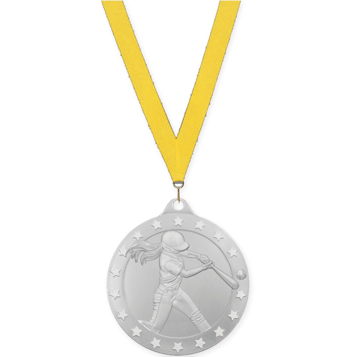 2 3/4 inch softball Radiance medal in silver with Yellow neck ribbon