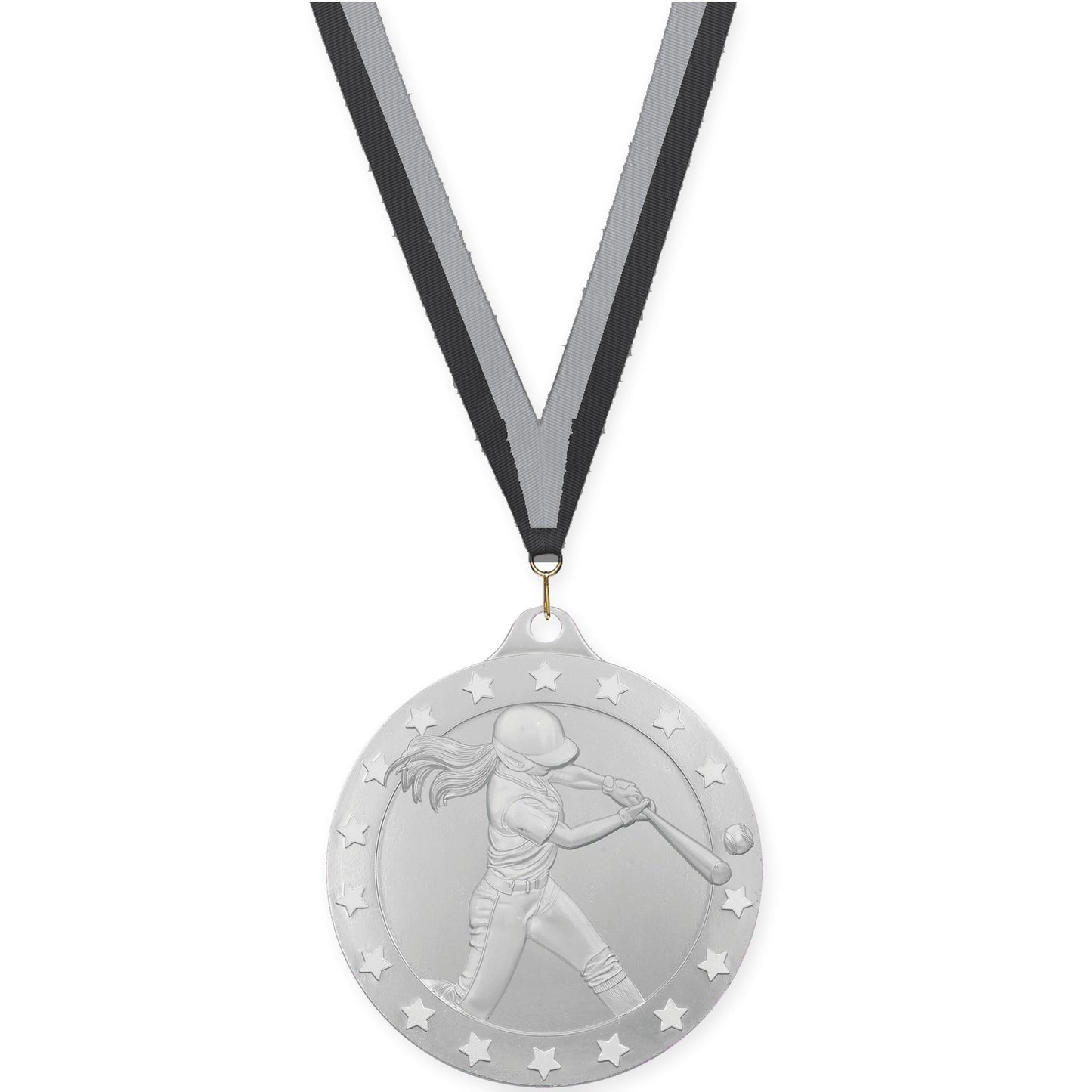 2 3/4 inch softball Radiance medal in silver with Black Gray neck ribbon