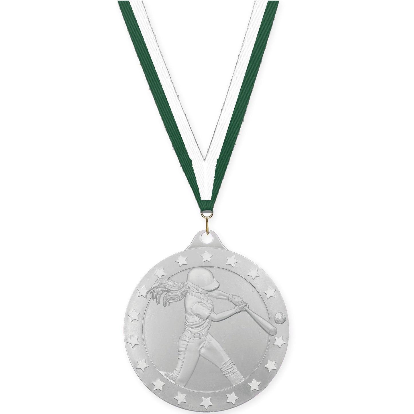 2 3/4 inch softball Radiance medal in silver with Hunter Green White neck ribbon