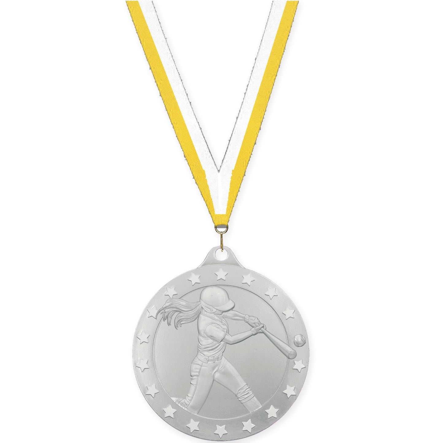 2 3/4 inch softball Radiance medal in silver with Yellow White neck ribbon