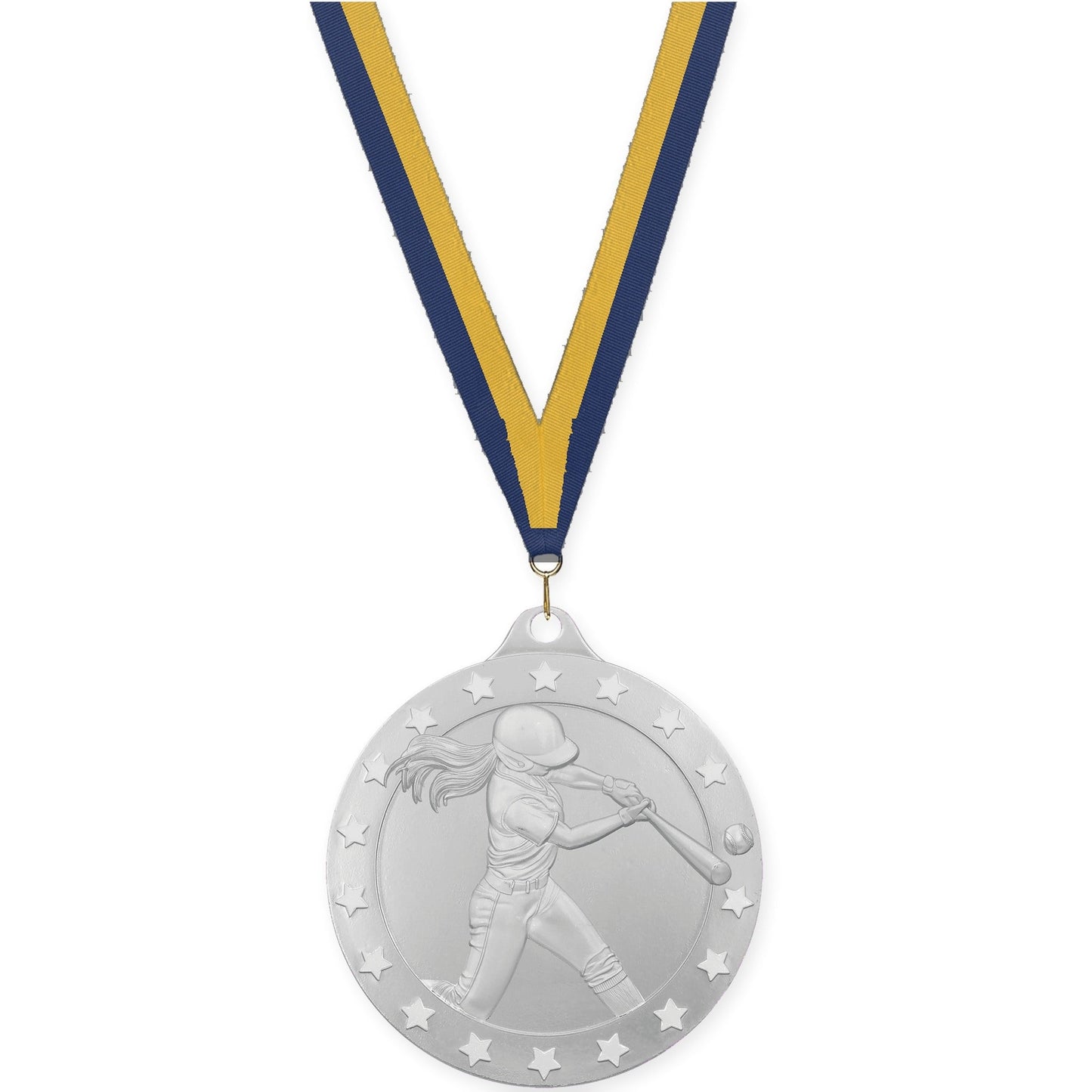 2 3/4 inch softball Radiance medal in silver with Navy Gold neck ribbon