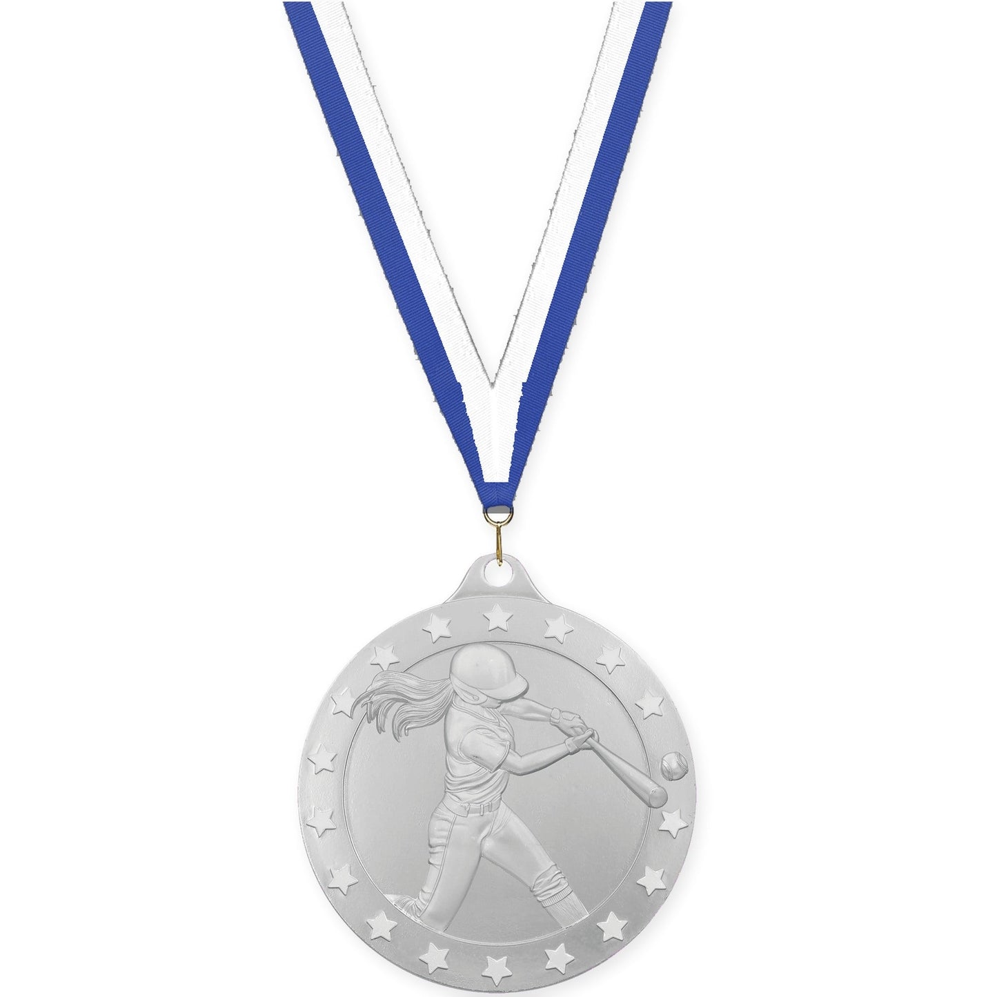2 3/4 inch softball Radiance medal in silver with Blue White neck ribbon