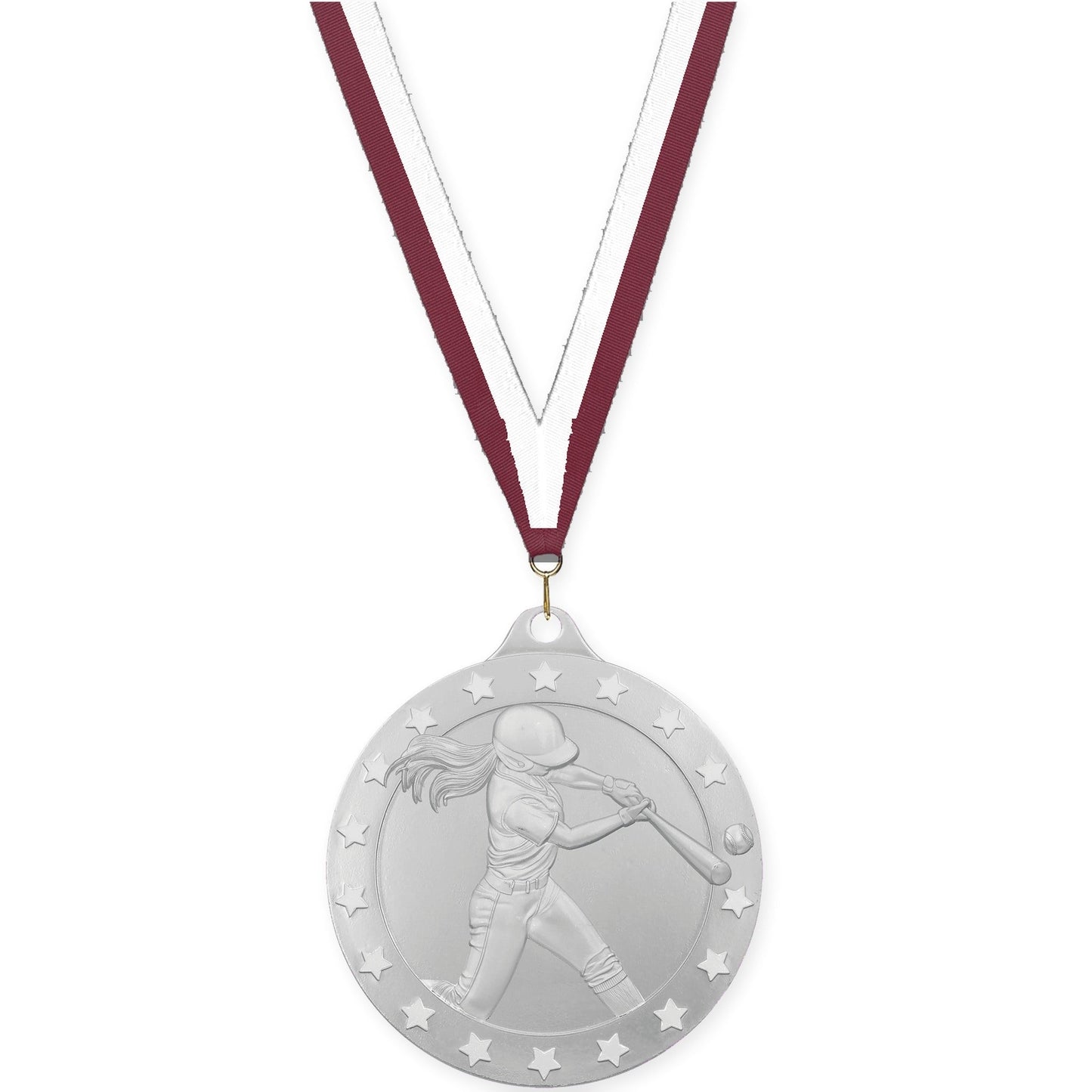 2 3/4 inch softball Radiance medal in silver with Maroon White neck ribbon