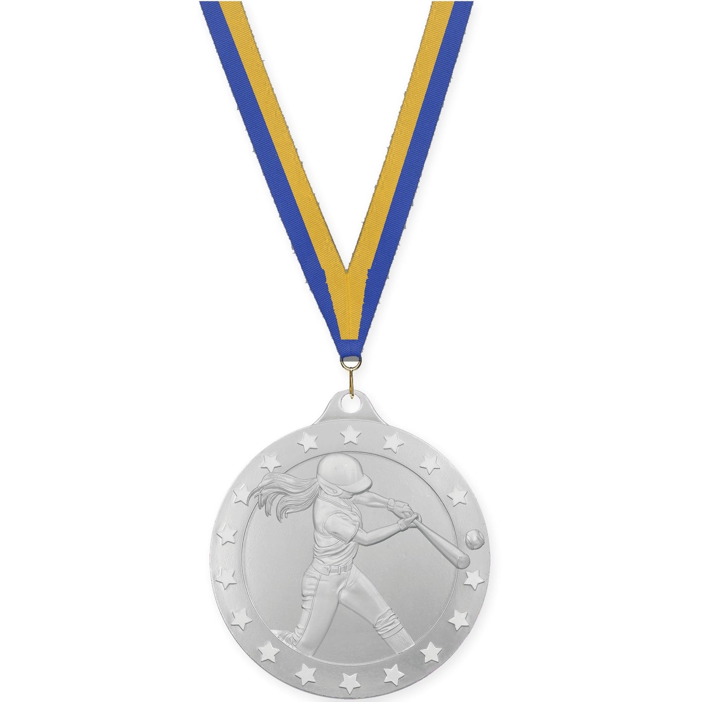2 3/4 inch softball Radiance medal in silver with Blue Gold neck ribbon
