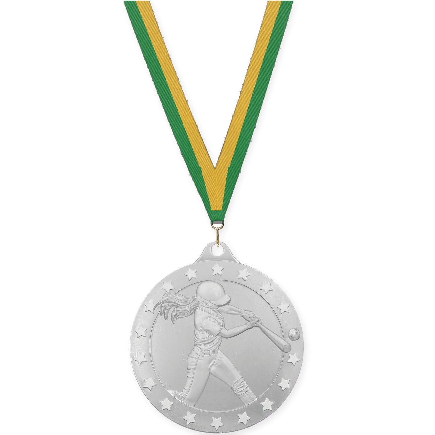 2 3/4 inch softball Radiance medal in silver with Green Gold neck ribbon