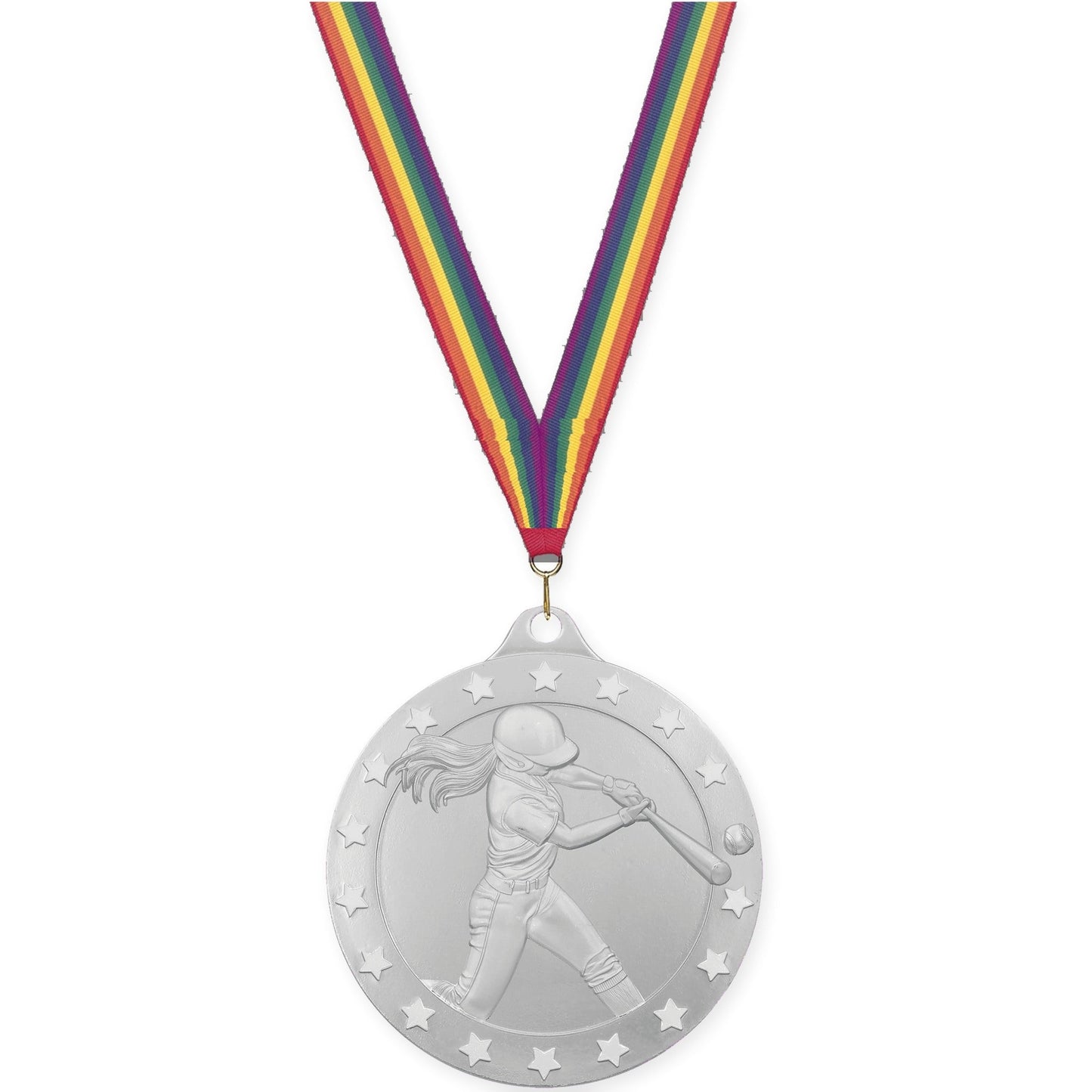 2 3/4 inch softball Radiance medal in silver with Rainbow neck ribbon