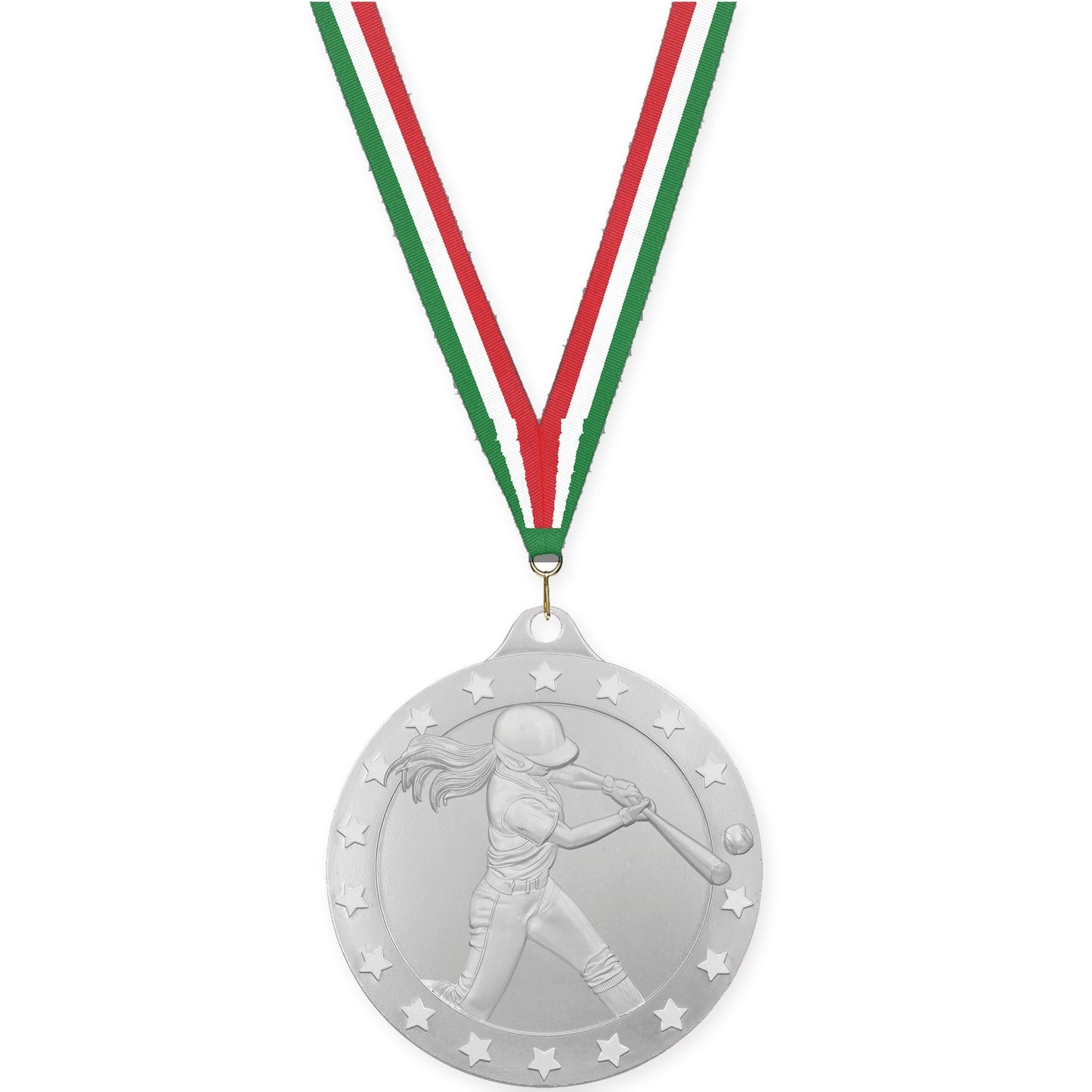 2 3/4 inch softball Radiance medal in silver with Green White Red neck ribbon