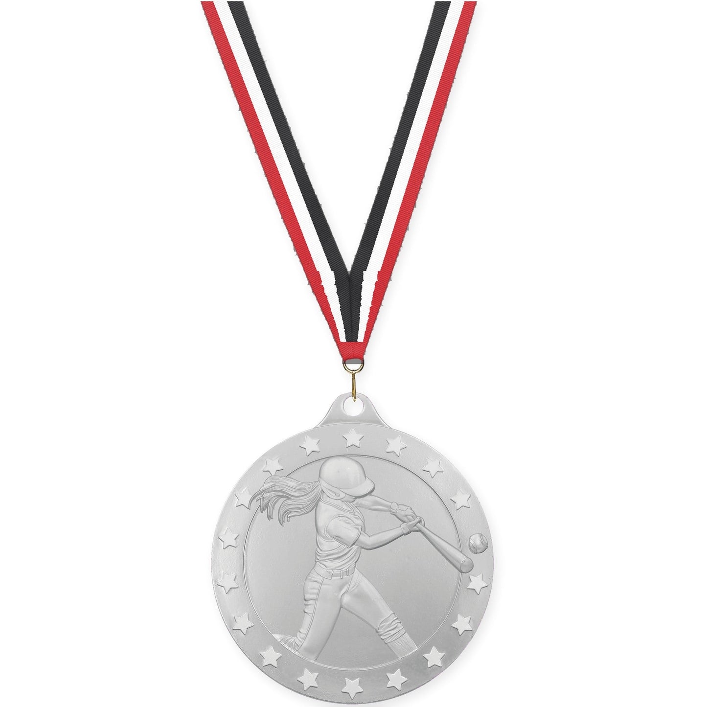 2 3/4 inch softball Radiance medal in silver with Red White Black neck ribbon