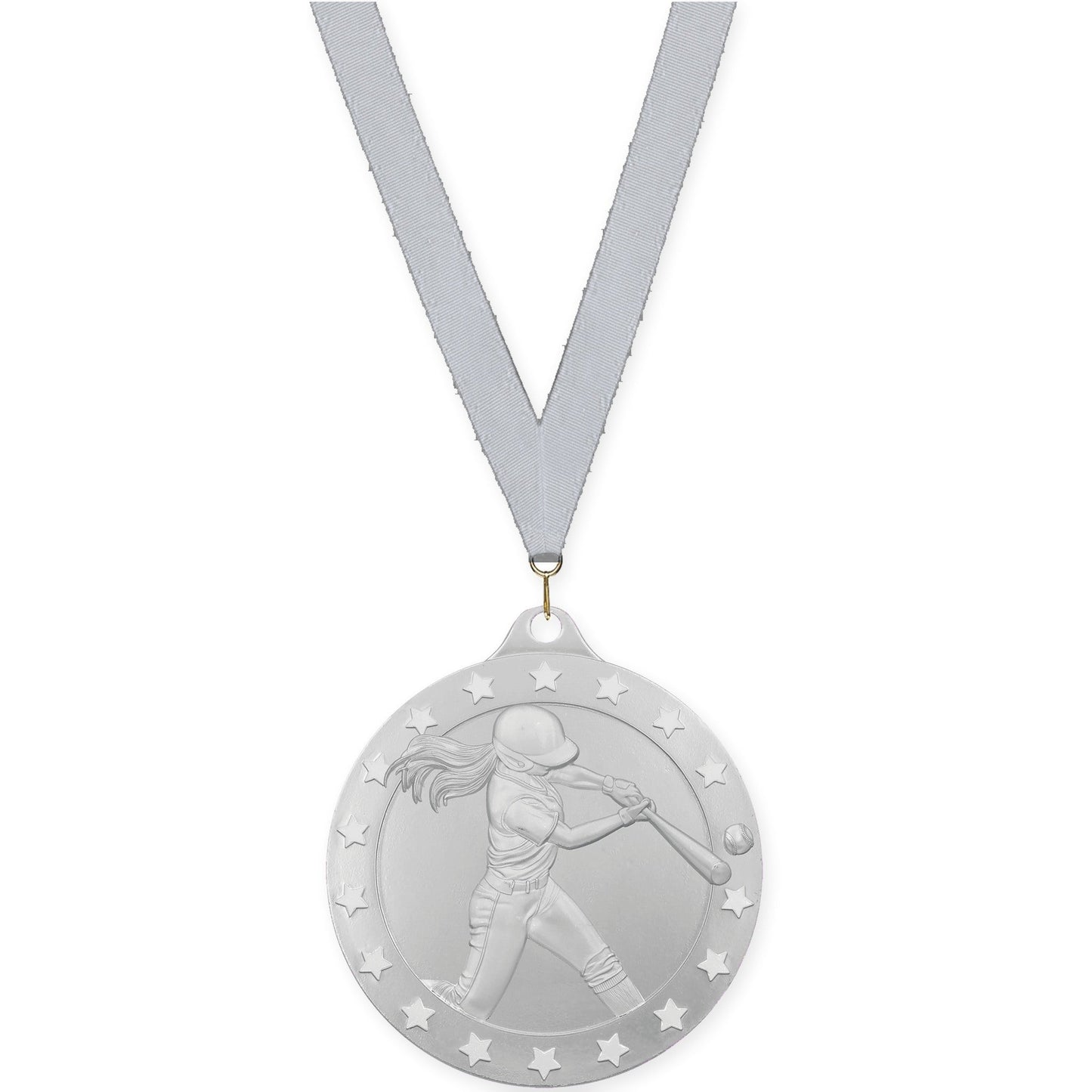 2 3/4 inch softball Radiance medal in silver with Silver Metallic neck ribbon
