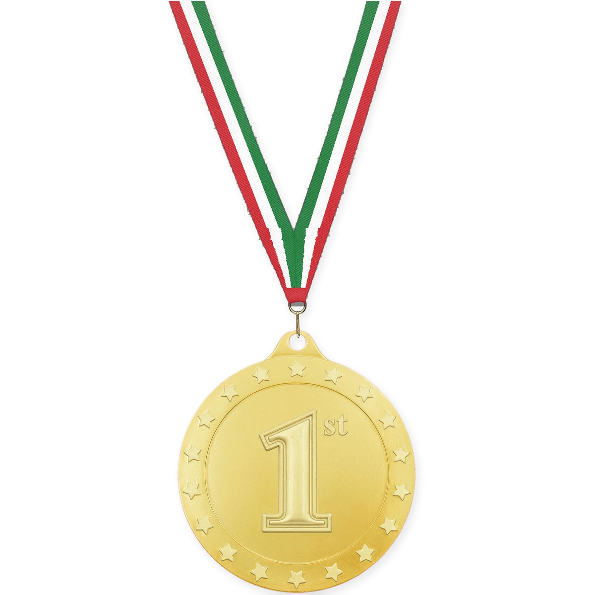 2 3/4 inch Place Radiance medal in gold - 1st place with Red White Green neck ribbon