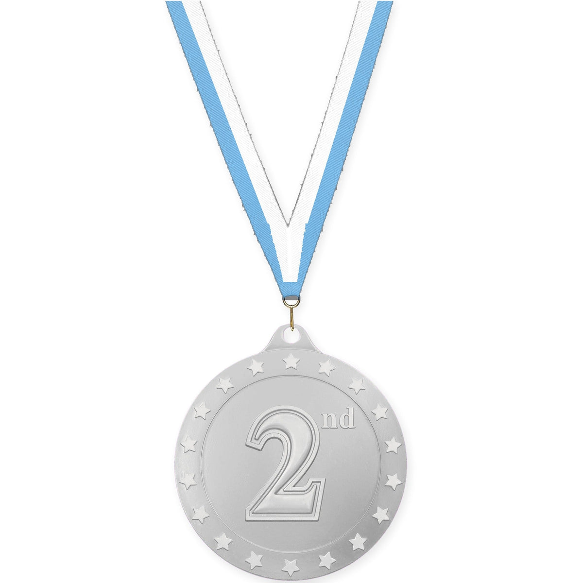 2 3/4 inch Place Radiance medal in silver - 2nd place with Light Blue White neck ribbon