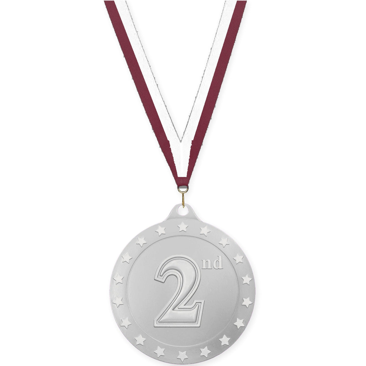 2 3/4 inch Place Radiance medal in silver - 2nd place with Maroon White neck ribbon