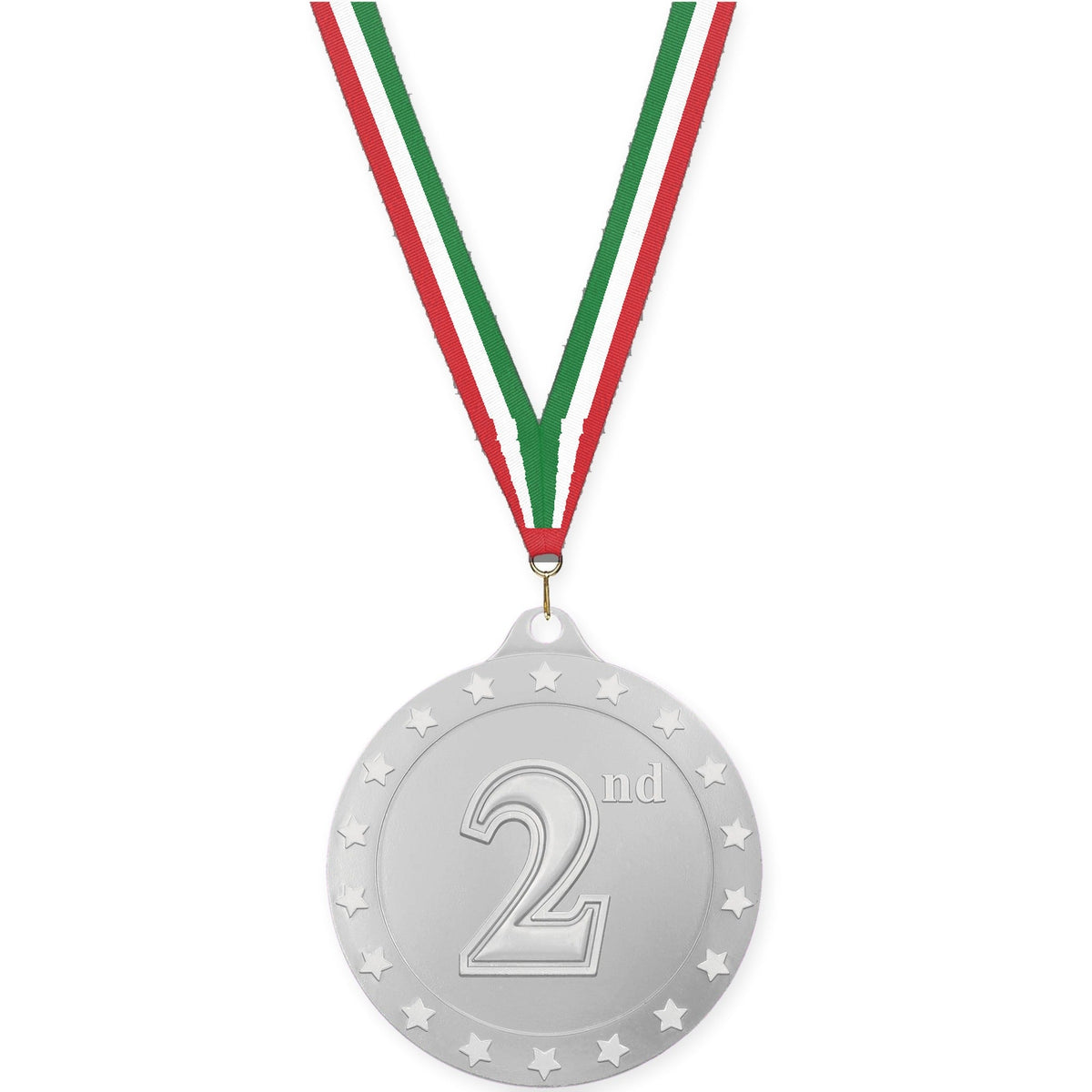 2 3/4 inch Place Radiance medal in silver - 2nd place with Red White Green neck ribbon