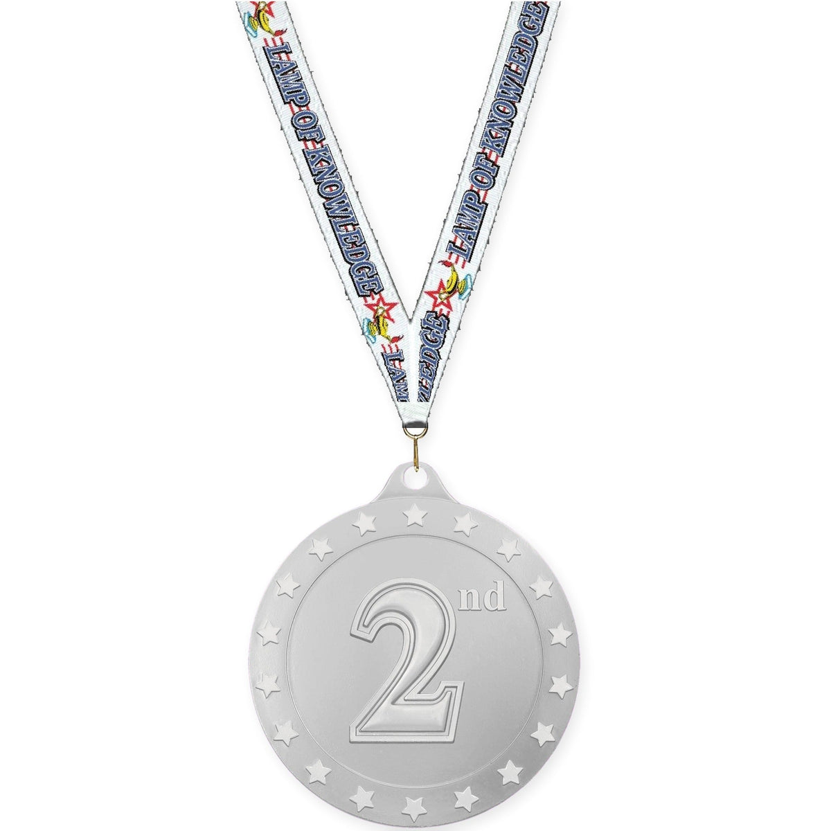 2 3/4 inch Place Radiance medal in silver - 2nd place with Lamp Of Knowledge neck ribbon