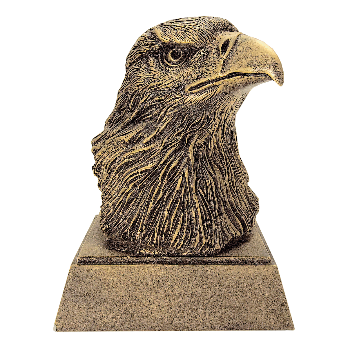 Compact sculpted eagle head award in bright gold finish, 5 and a half inch size