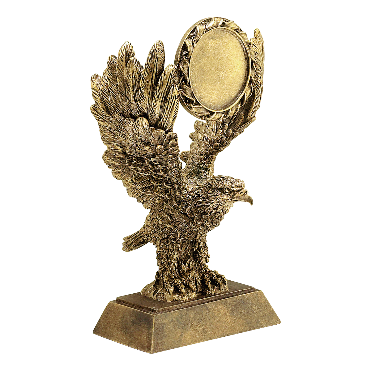 Gold-finish eagle award with an open 2 inch round insert holder at its center, 8 inch size
