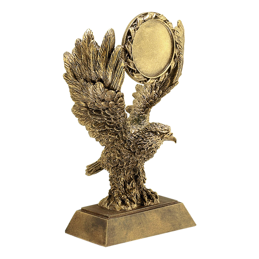 Gold-finish eagle award with an open 2 inch round insert holder at its center, 8 inch size