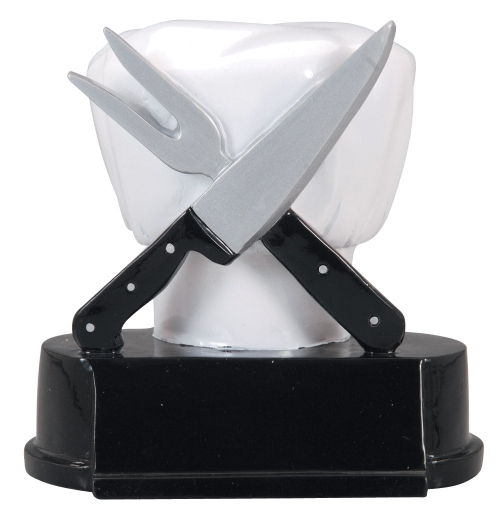 Chef hat with crossed chef's knife and fork full-color resin award on black base