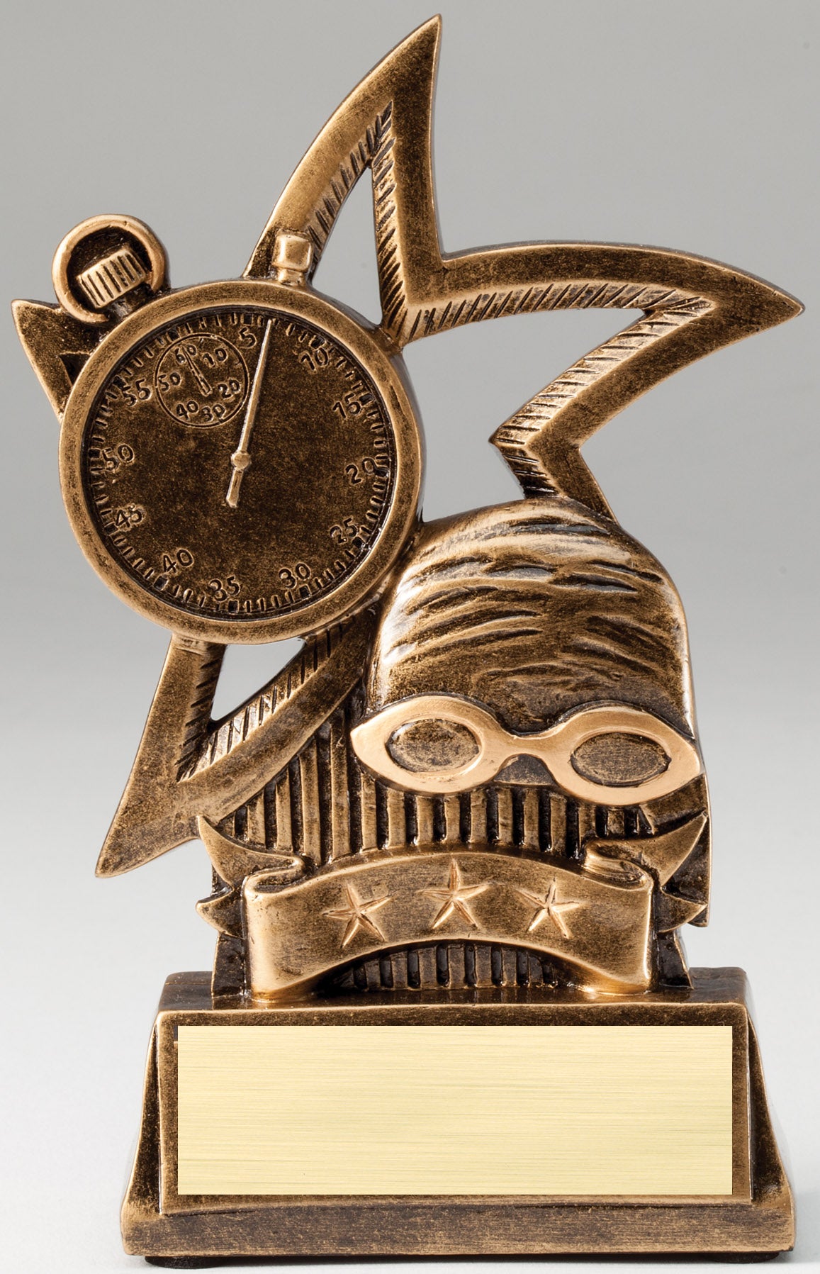 Swimming sweeping star trophy with stopwatch, swim cap and goggles