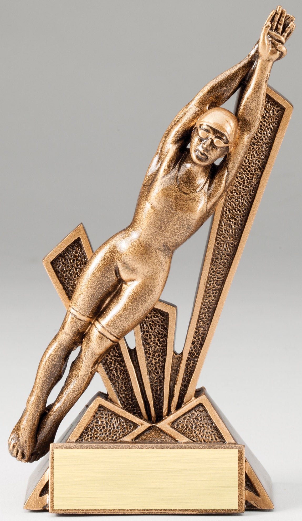 Female diving swimmer resin trophy with starburst backdrop and engraving plate