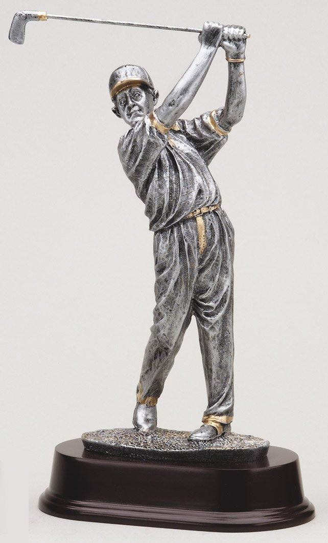Male golfer resin figure with gold trim, 10" size