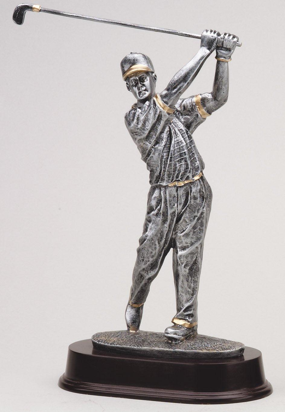 Male golfer resin figure with gold trim, 12" size