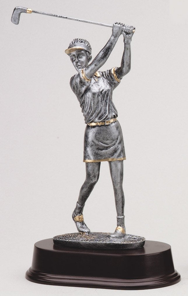Female golfer resin figure with gold trim