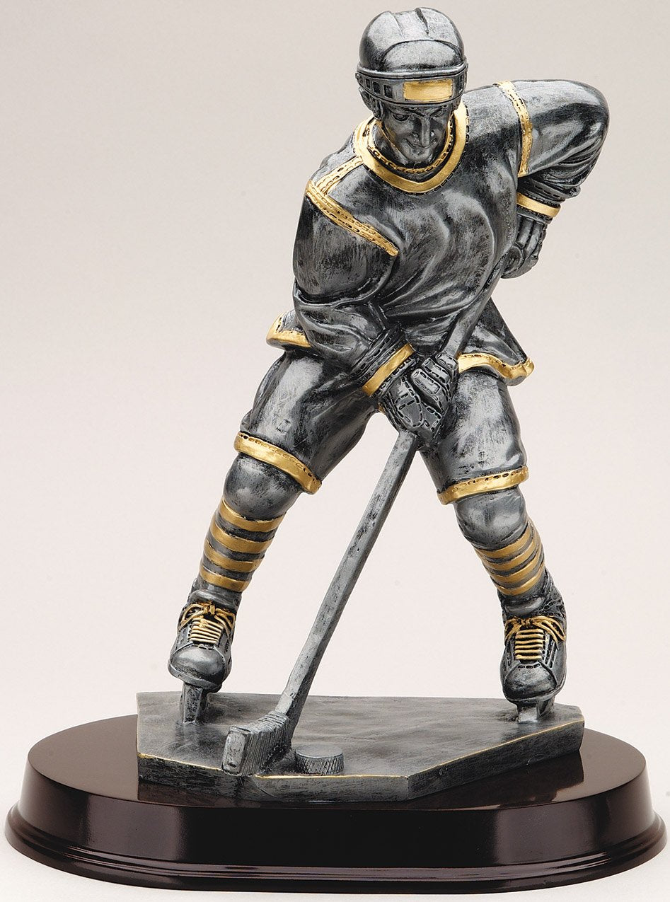 Large 13 inch pewter ice hockey player trophy with gold trim