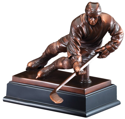 Bronze hockey player gallery sculpture, 10 inch, on stepped black base