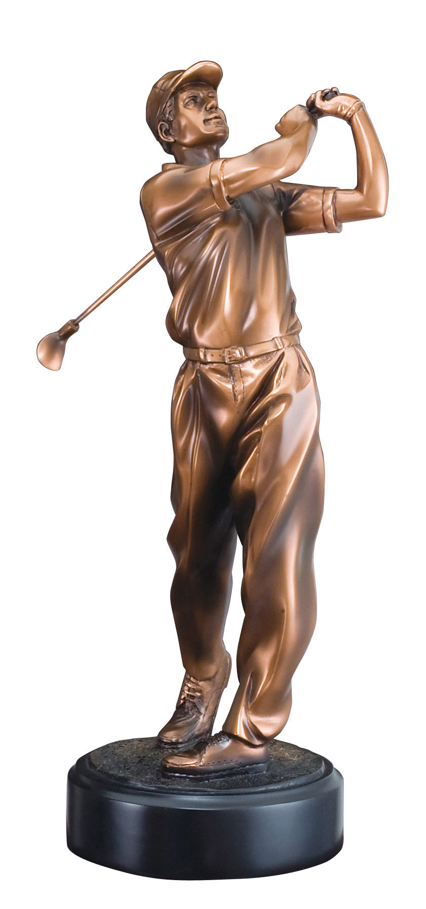 Electroplated male golfer sculpture in full swing, 15" size