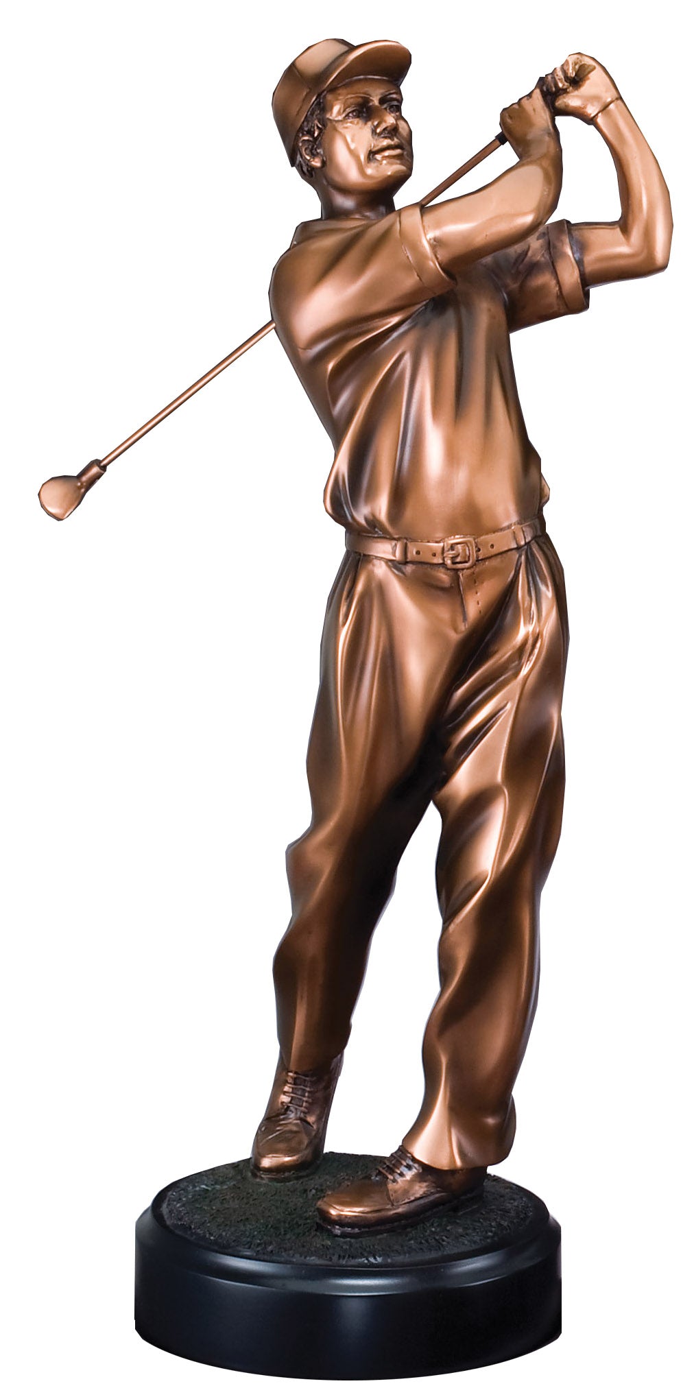 Electroplated male golfer sculpture in full swing, 18" size