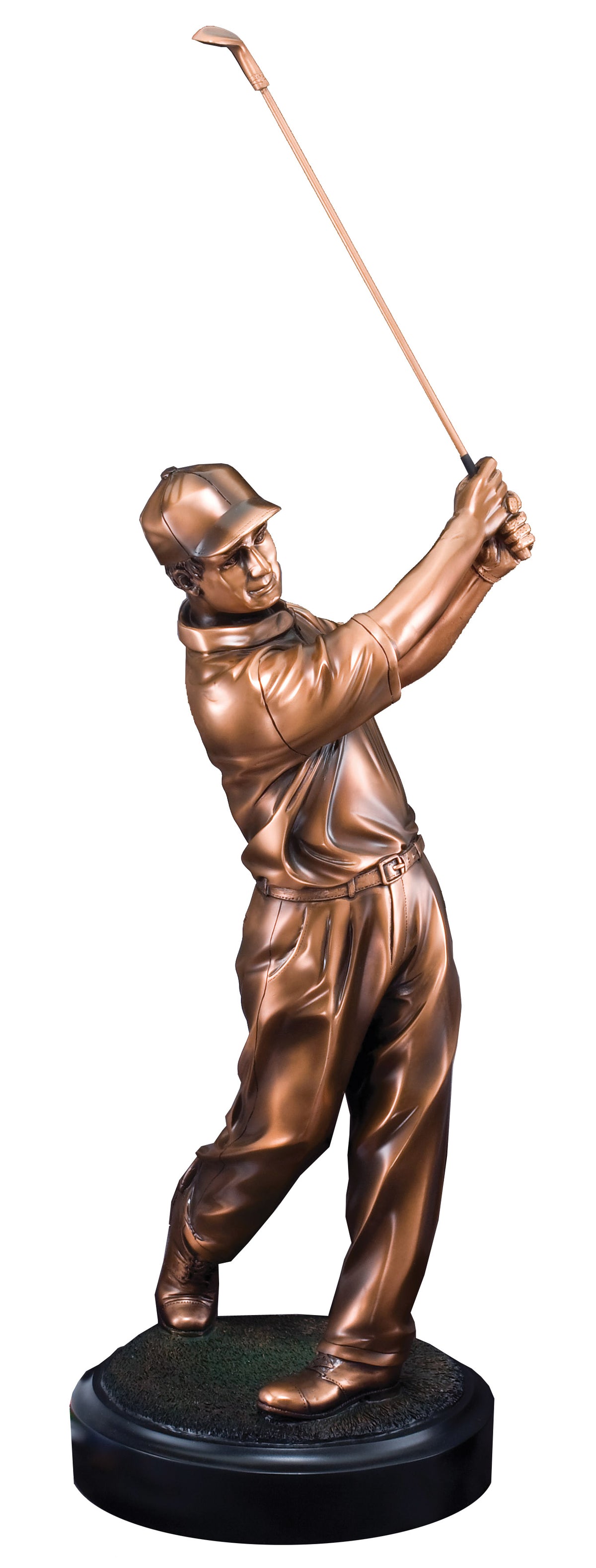 Electroplated male golfer sculpture in full swing, 21" size