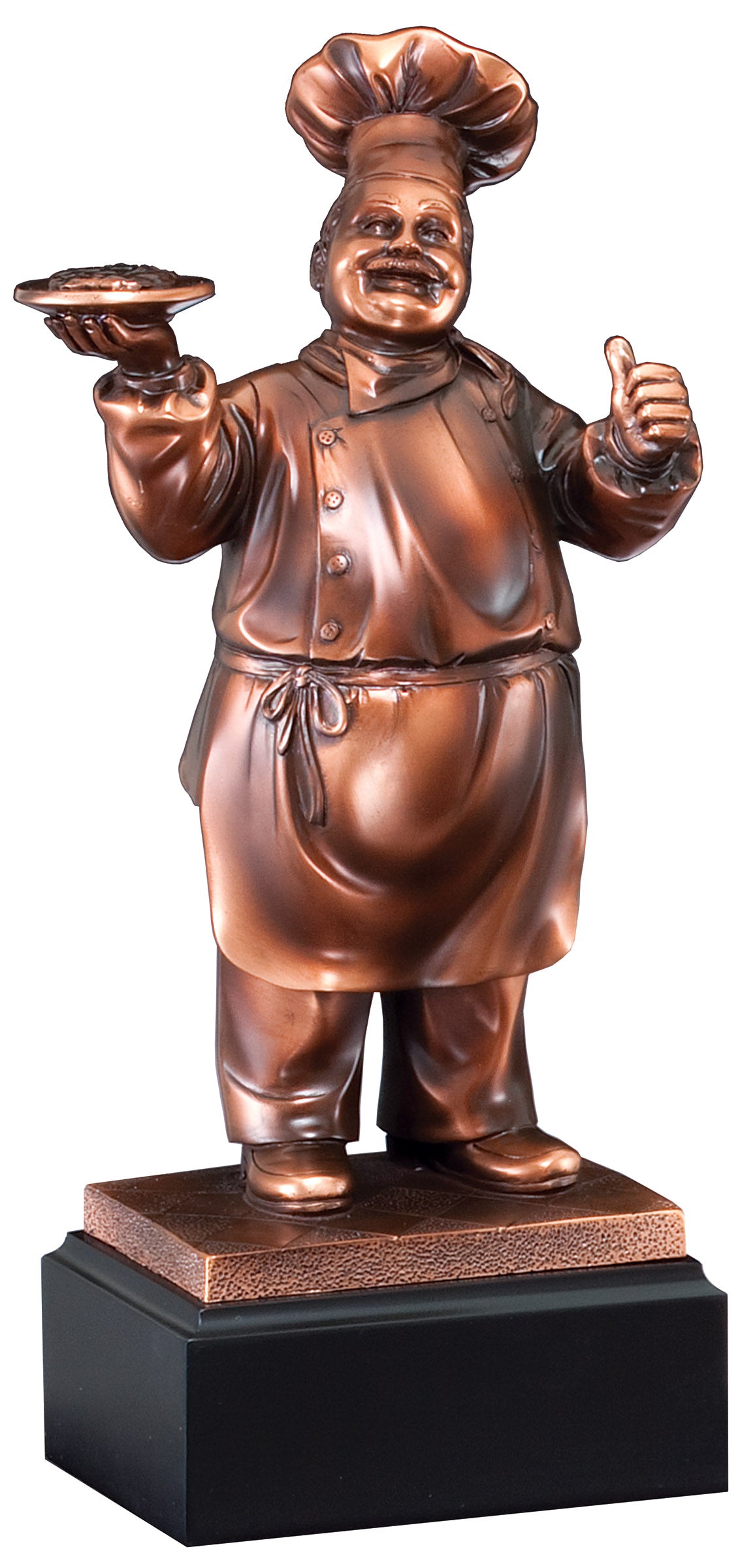 Master Chef thumbs-up resin award, 11 inch copper-tone chef holding a dish on a black base with engraving plate